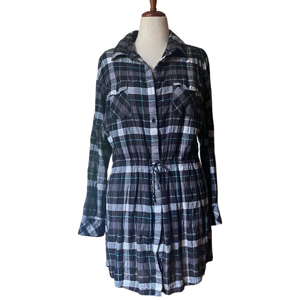 Patagonia Shirt Dress, Black Plaid, Drawstring Waist, Long Sleeve, Cotton, L